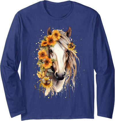 Just a girl who loves horses Co. Sunflower Horse Portrait CowGirl Equestrian Horseback Riding Long Sleeve T-Shirt