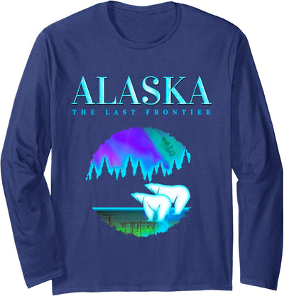 Cool Alaska Northern Lights Design Cool Alaska Pair of Polar Bear with Aurora Snow Scene Long Sleeve T-Shirt