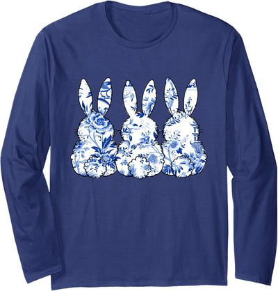 Blue and White Chinoiserie Floral Bunnies Long Sleeve Shirt