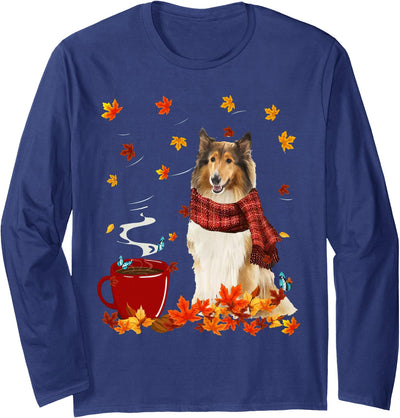 Rough Collie Dog Thanksgiving Fall Autumn Lover Rough Collie Fall Red Scarf Autumn Leaf For Dog Lover Long Sleeve T-Shirt