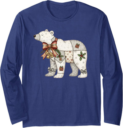 Cute Polar Bear Xmas Quilt Winter Holiday Patchwork Polar Bear Cute Christmas Quilt Long Sleeve T-Shirt