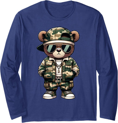 Camo Hip Hop Teddy Bear Camouflage Gangsta Streetwear Hustle Long Sleeve Shirt