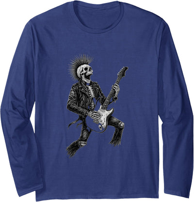 Miley Designs Grunge Skeleton Rock Guitarist Punk Heavy Metal Halloween Long Sleeve T-Shirt