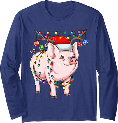 Christmas Pig Holiday Lights With Antlers And Ornaments Long Sleeve Shirt