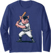 Pig Animal Baseball Lovers Graphic Funny Pig Playing Baseball Artwork Vintage Animal Baseballer Long Sleeve T-Shirt - Navy Blue