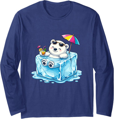 Cool Polar Bear Summer Ice Cube Relax Chill Polar Bear On Ice Cube Summer Vacation Long Sleeve T-Shirt