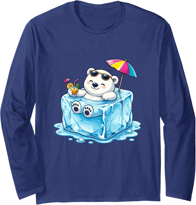 Cool Polar Bear Summer Ice Cube Relax Chill Polar Bear On Ice Cube Summer Vacation Long Sleeve T-Shirt - Navy Blue