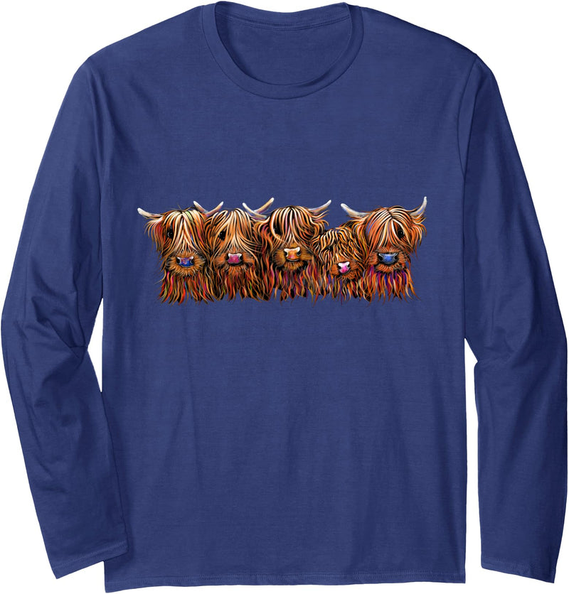 Shirley MacArthur Scottish Highland Cows ' The Happy Bunch of Coos ' Long Sleeve T-Shirt - Navy Blue