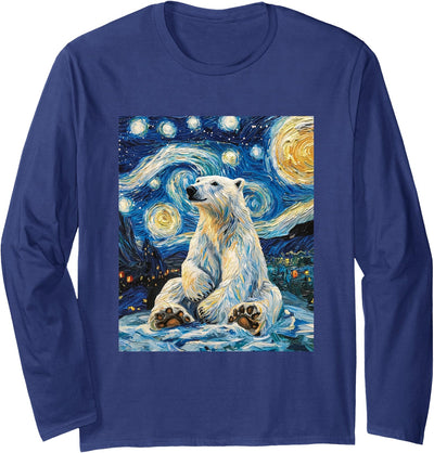 Bear Designs. Cute Polar Bear Van Gogh Style Starry Night Funny Graphic Long Sleeve T-Shirt