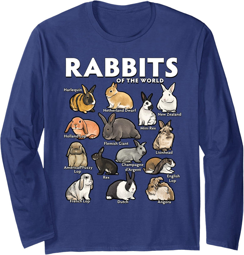 Rabbits of the World Educational Illustration Long Sleeve Shirt in Navy Blue