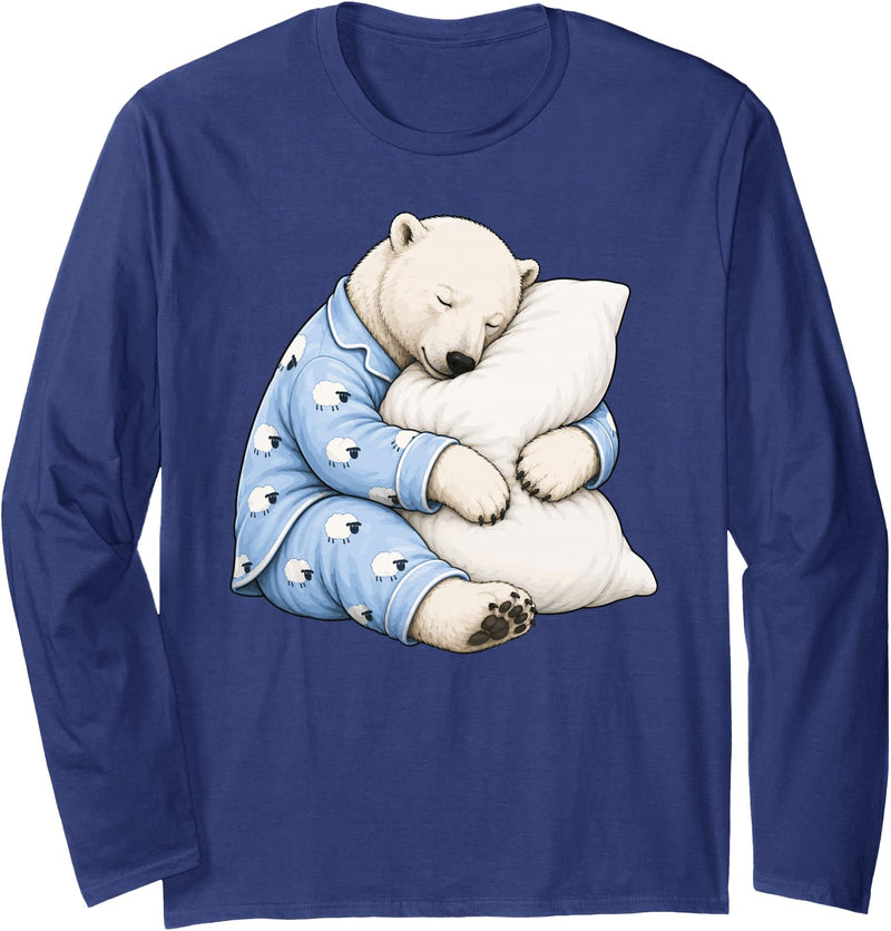 Funny Sleepy Polar Bear Pajama Polar Bear Sleeping in Cute Pajamas Sleep Long Sleeve T-Shirt - Navy Blue