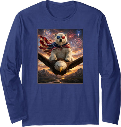 MericaLife Polar Bear Polar Bear on Bald Eagle American Flag Glasses USA Long Sleeve T-Shirt