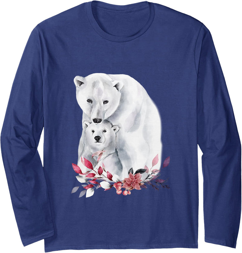 Mama Polar Bear and Baby Cub for Girls and Women Long Sleeve T-Shirt - Navy Blue