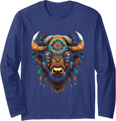 Bison American Buffalo Colorful Boho Native American Pattern Long T-Shirt