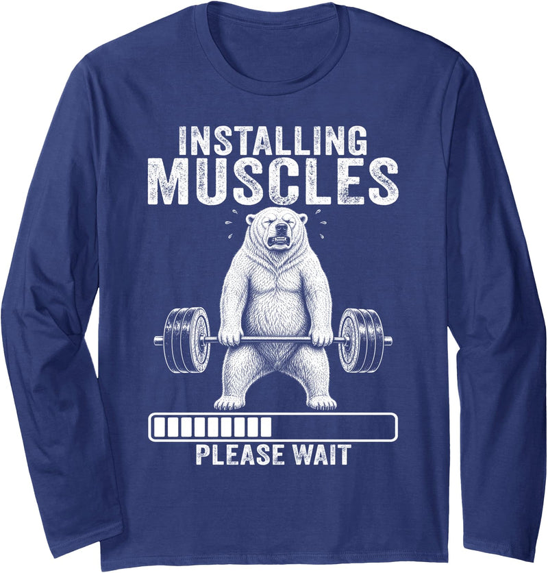 Funny Polar Bear Fitness Deadlift Workout Installing Muscles Please Wait Polar Bear Gym Long Sleeve T-Shirt - Navy Blue