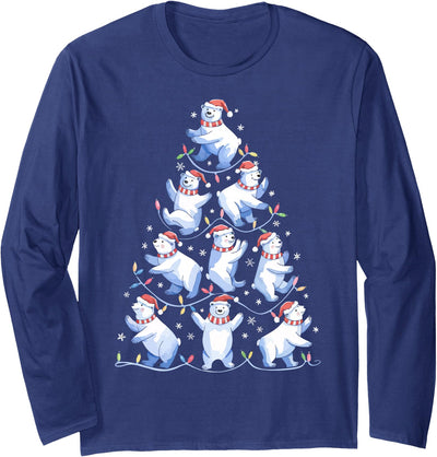 White Giant Christmas Tree Lights Santa Hats Polar Bear Christmas Tree Funny Ice Bear Holiday Long Sleeve T-Shirt