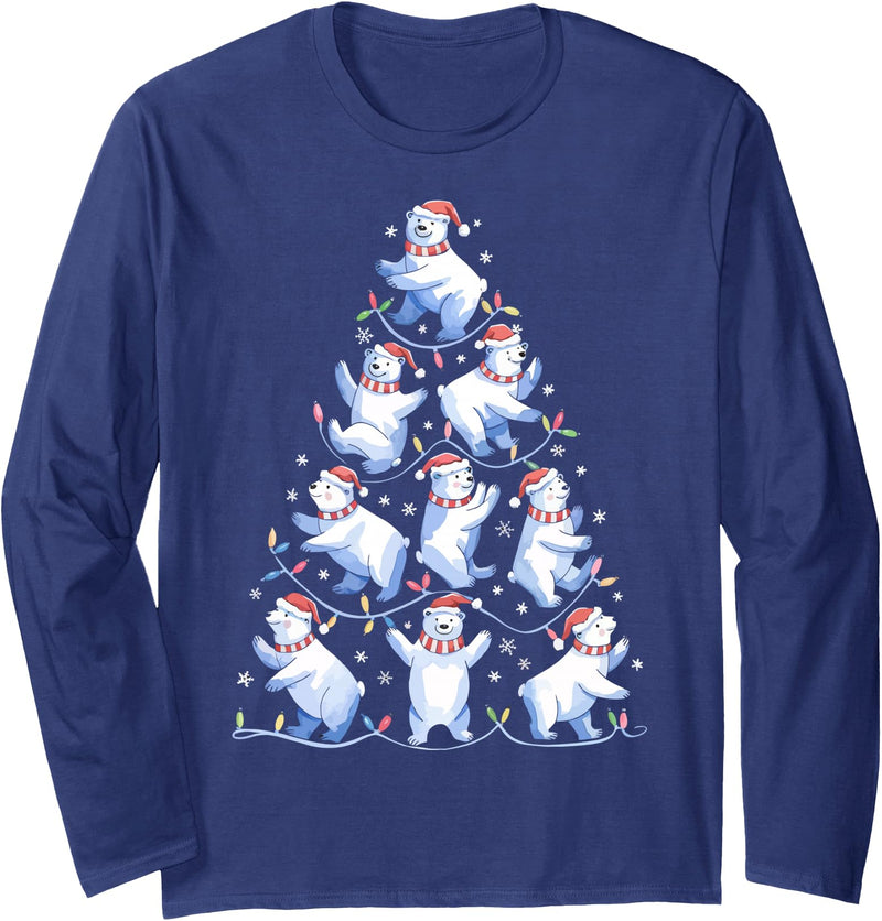 White Giant Christmas Tree Lights Santa Hats Polar Bear Christmas Tree Funny Ice Bear Holiday Long Sleeve T-Shirt - Navy Blue