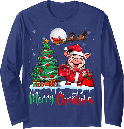 Pig Santa Hat Xmas Tree Lights Winter Merry Christmas Pigs Long Sleeve Shirt