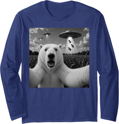 Retro Polar Bear Selfie with UFOs Meme Polar Bear Selfie with UFO Alien Funny Long Sleeve T-Shirt