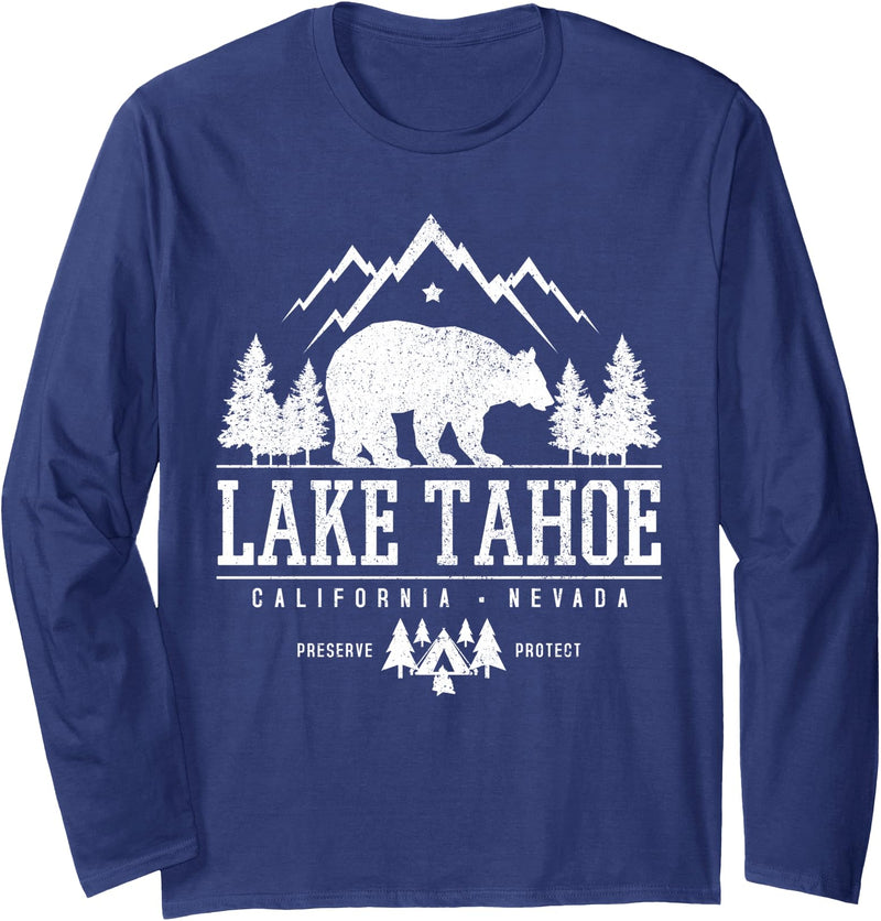 Lake Tahoe Vintage Apparel & Souvenirs Lake Tahoe California - Bear Mountains Nature Camping Gift Long Sleeve T-Shirt - Navy Blue