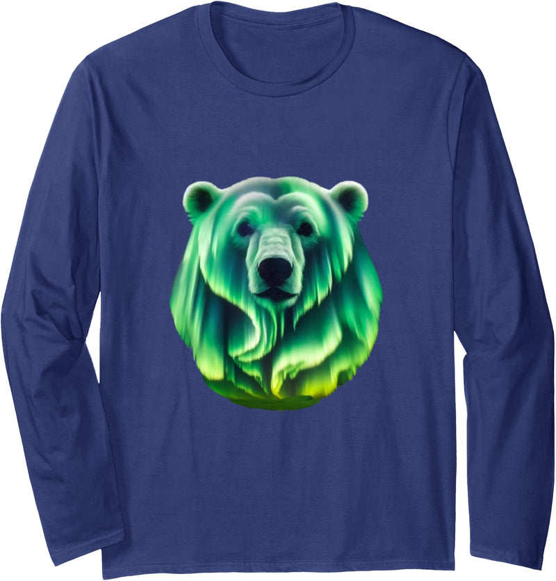 Northern Lights Polar Bear Clothes Aurora Borealis Alaska Northern Lights Polar Bear Long Sleeve T-Shirt - Navy Blue