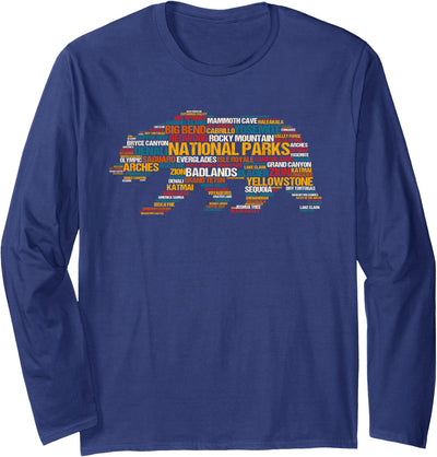 National Parks USA List Word Cloud Bear Camping & Hiking Long Sleeve Shirt