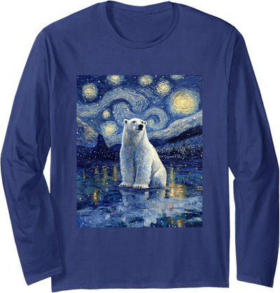 Bear Designs. Cute Polar Bear Van Gogh Style Starry Night Graphic Long Sleeve T-Shirt