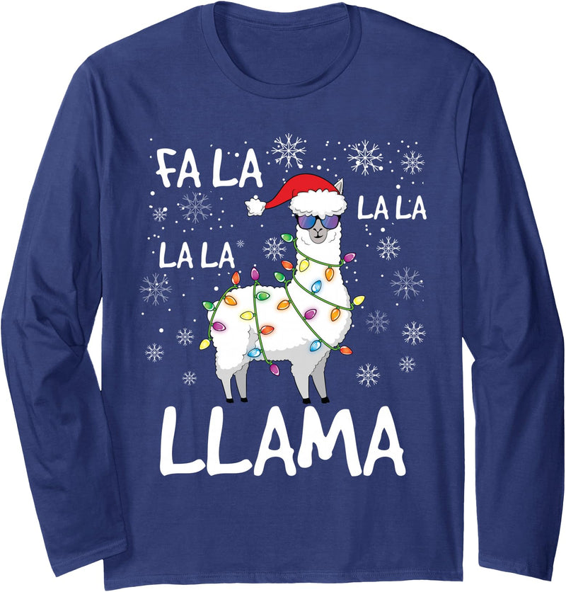 Funny Christmas Llama Shirts Fa La La Llama Shirt Women Men Kids Funny Llama Christmas Long Sleeve T-Shirt - Navy Blue