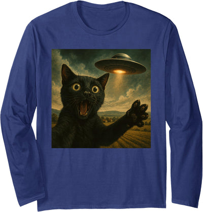 Funny Cat Selfie Graphics Apparel Black Cat Selfie With Alien UFO Funny Cat Long Sleeve T-Shirt