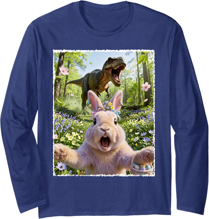 Funny Rabbit Selfie with T-Rex Dinosaur Easter Bunny Long Sleeve Shirt in Navy Blue