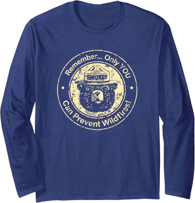 Smokey Bear Only You Can Prevent Wildfires Vintage Seal Long Sleeve T-Shirt - Navy Blue