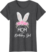 Mom of the Birthday Girl"- Family Bunny Rabbit Birthday T-Shirt in Dark Heather Grey