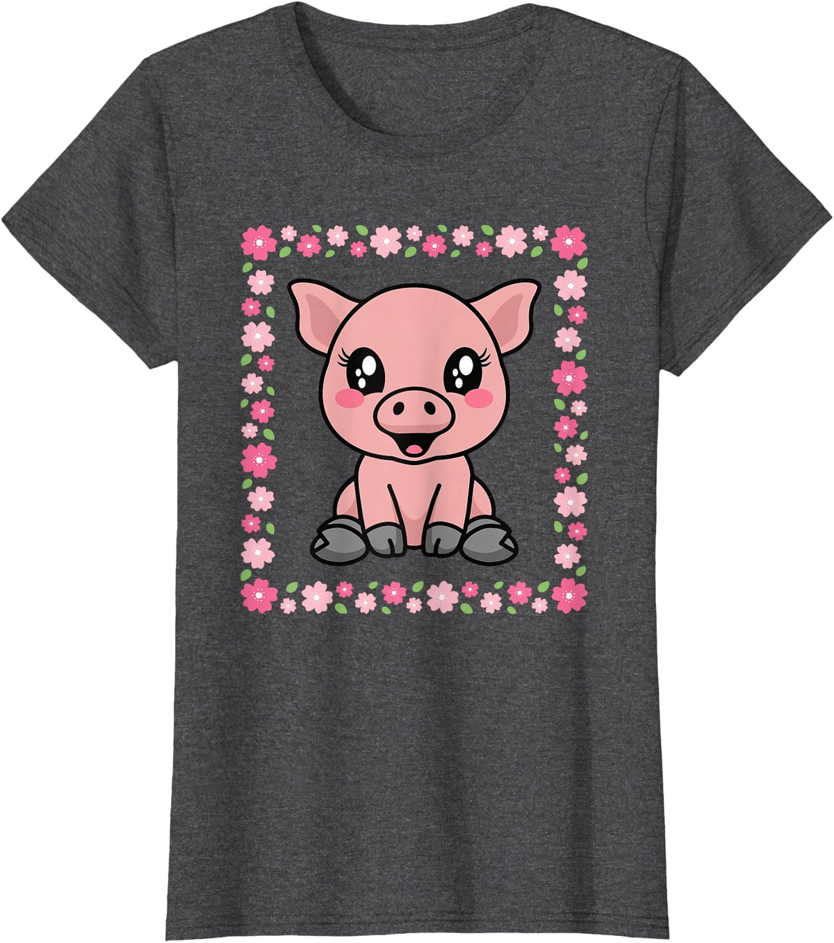 EDILILU Cute Pig Kawaii Pig Lover Piglet Women Girls T-Shirt - Dark Heather Grey