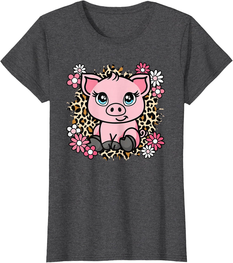 KATYLIN Cute Pig Flowers Pig Lover Women Girls Kids T-Shirt - Dark Heather Grey