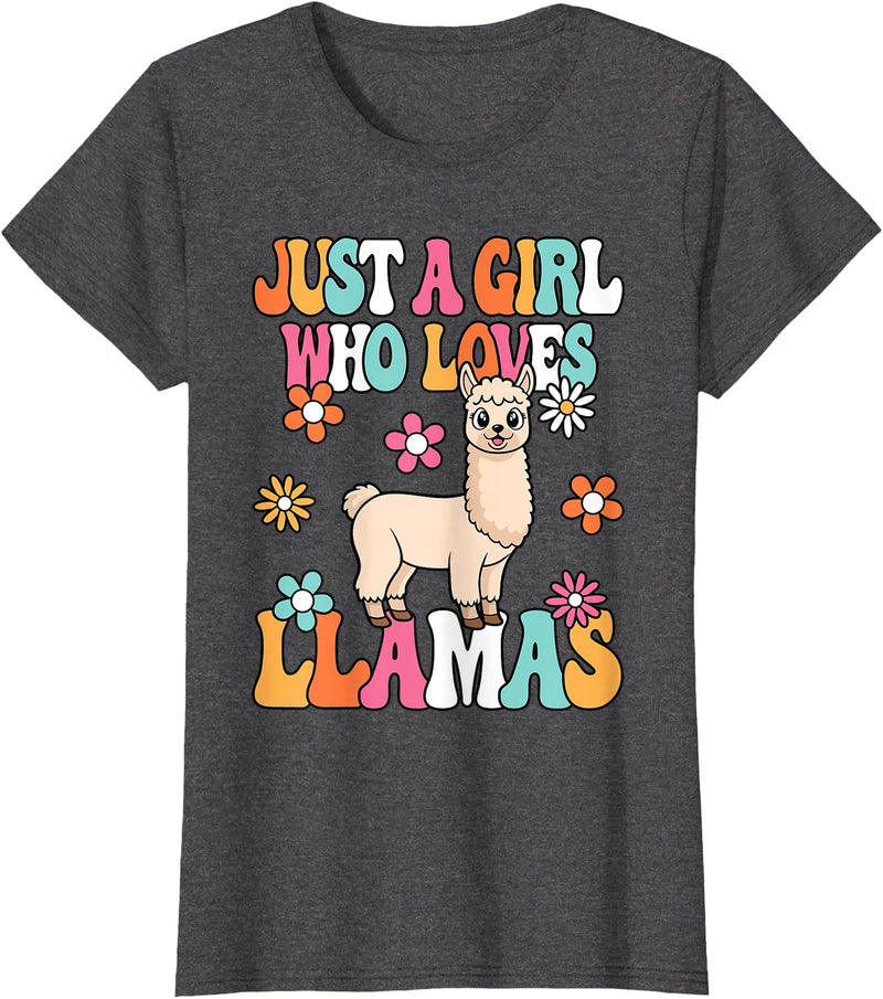 BALARI Just A Girl Who Loves Llamas Cute Groovy Alpaca Llama Kids T-Shirt - Dark Heather Grey