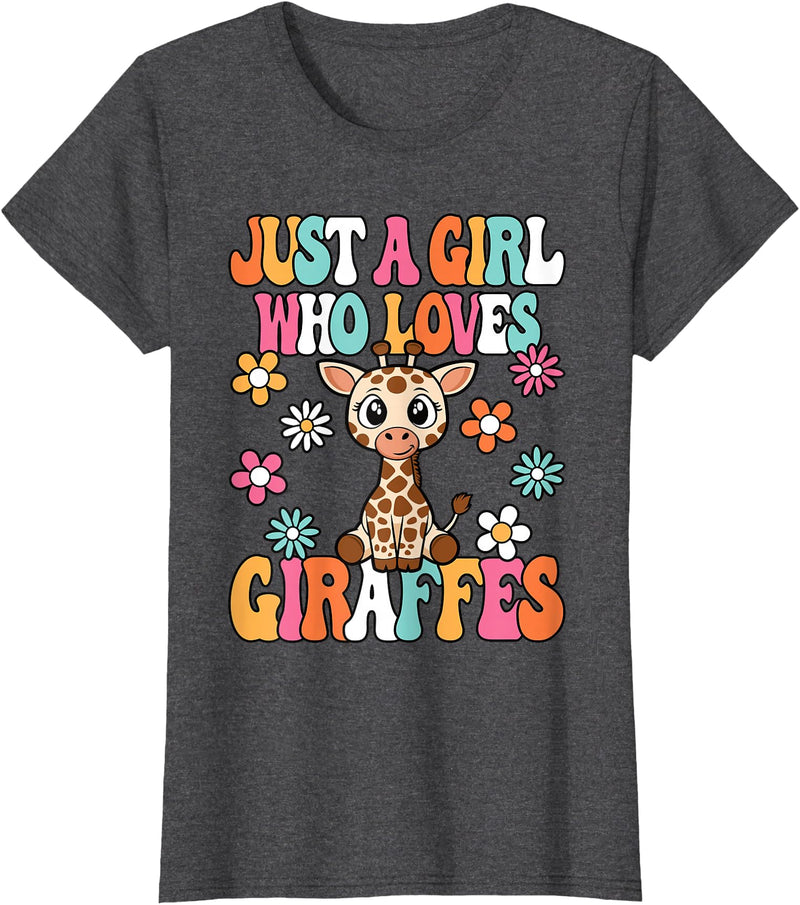 BALARI Just A Girl Who Loves Giraffes Cute Groovy Wild Animal Kids T-Shirt - Dark Heather Grey