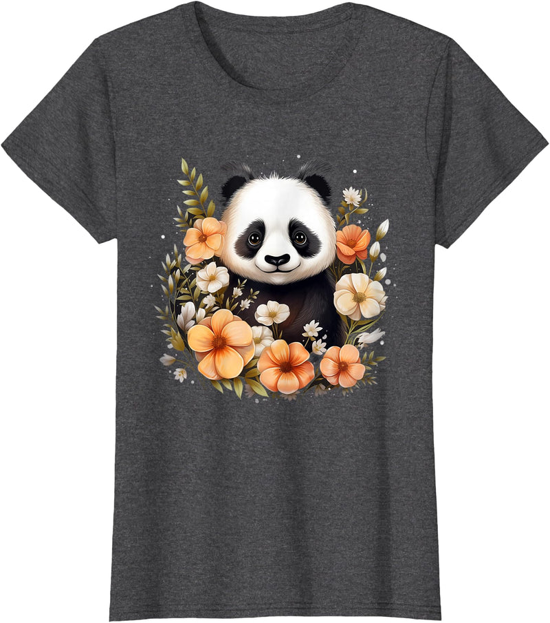 Floral Panda Bear Panda Bear Flowers Floral Girls Kids Funny Cute Panda Lover T-Shirt - Dark Heather Grey
