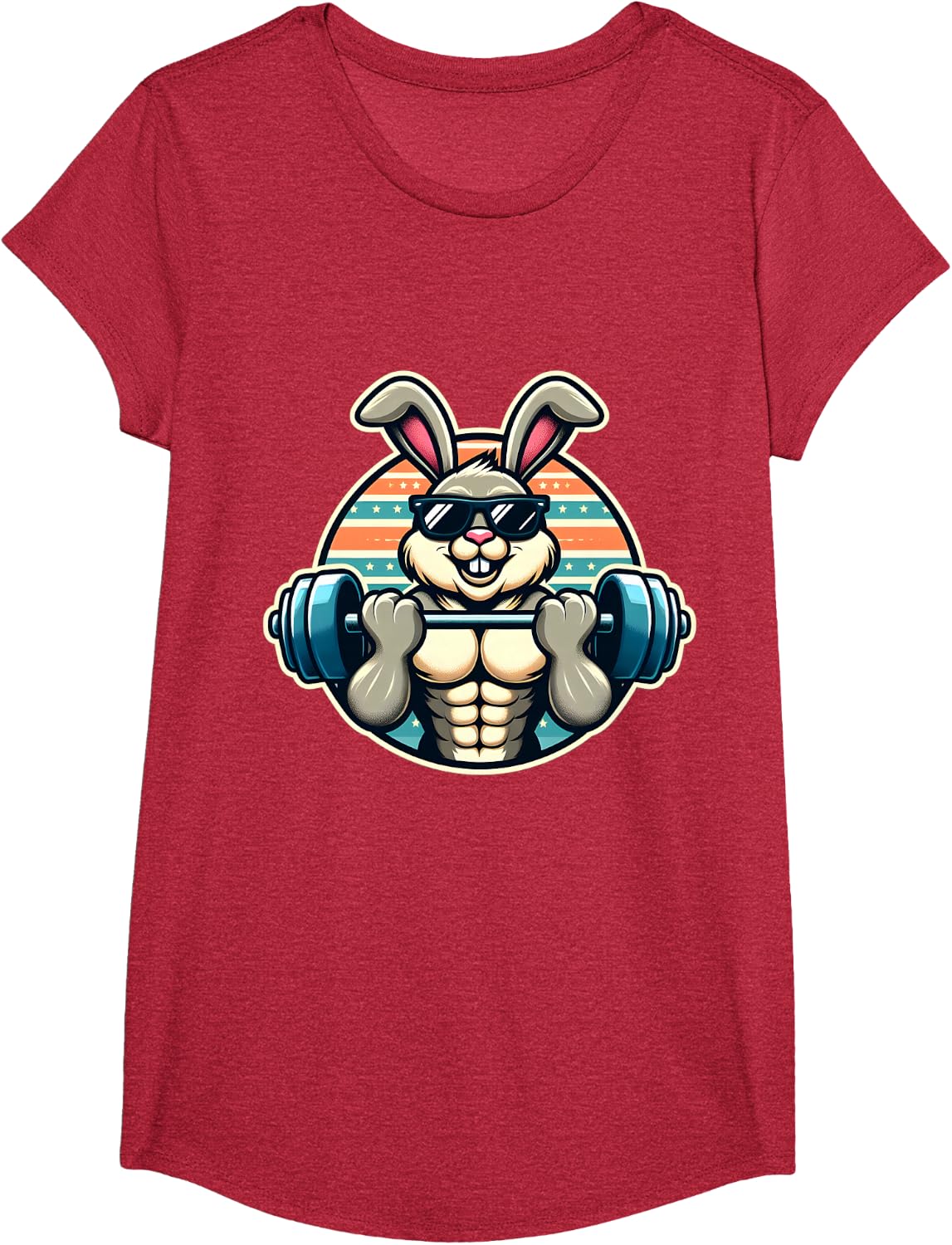 Happy Easter Bunny Rabbit Lifting Weights Training Muscular T-Shirt - Girls Red Heather