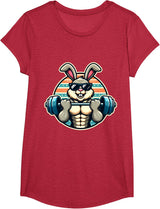Happy Easter Bunny Rabbit Lifting Weights Training Muscular T-Shirt - Girls Red Heather