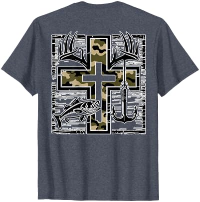 Camo Cross Fishing Faith Christian 2 Sided Hunting Fishing Cross Camo Faith Christian Fisherman Hunter T-Shirt - size chart