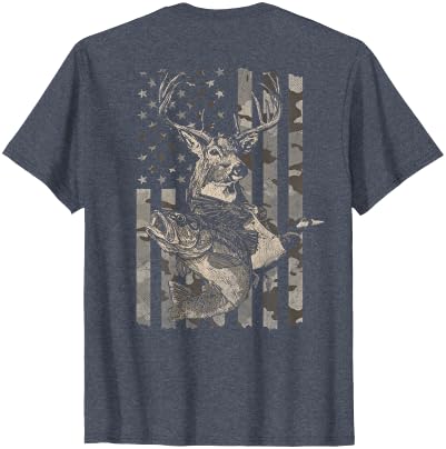 Fishing and Hunting Outdoors Designs Hunting and Fishing American Flag (Design on Front and Back) T-Shirt - size chart