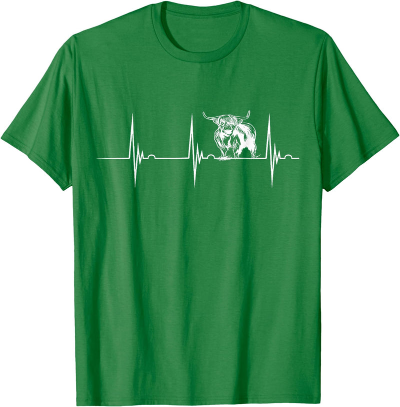 Loveable Highland Cows Hairy Coos Scottish Highland Cow Heartbeat EKG Pulse Highlander Cow T-Shirt - Kelly Green