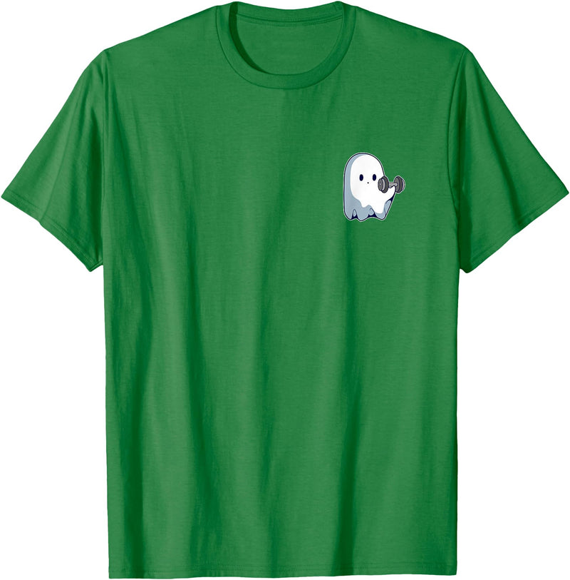 Cute Paranormal Workout Ghost Lifting Dumbbells Ghost Weightlifting Pocket Funny Ghost Workout Halloween T-Shirt - Kelly