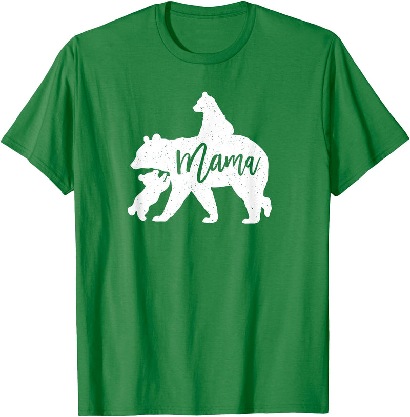 Artsy Mommy Bear Silhouette Nature Family Gifts Mama Bear 2 Baby Bear Cubs Playing Riding on Back T-Shirt - Kelly Green