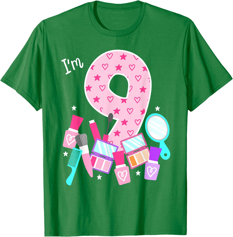 Birthday Girl Spa Squad Outfit Gifts Shop Spa Birthday Party I'm 9 Girls Makeup 9th Bday Kids Toddlers T-Shirt - Kelly Green