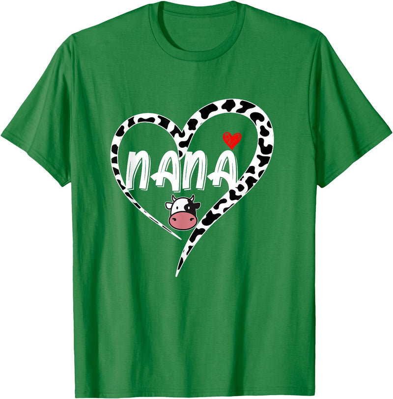Black White Family Cow Farm Nana Cow Print Cow Heart Pattern Farmer Cows Mother's Day T-Shirt - Kelly Green