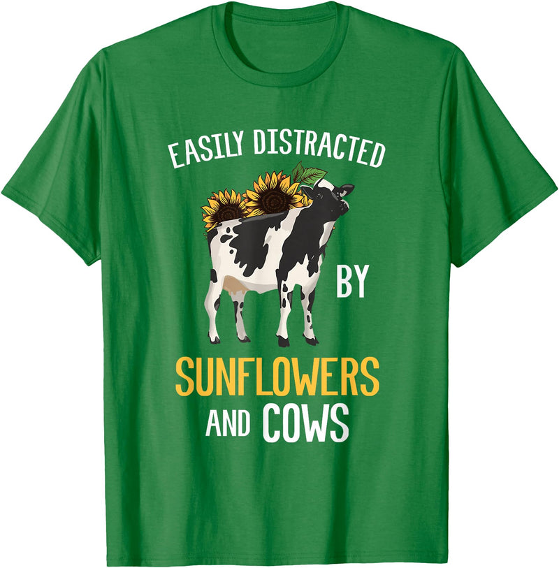 Funny Gift Idea for Sunflower and Cow Lovers Easily Distracted By Sunflowers and Cows T-Shirt - Kelly Green