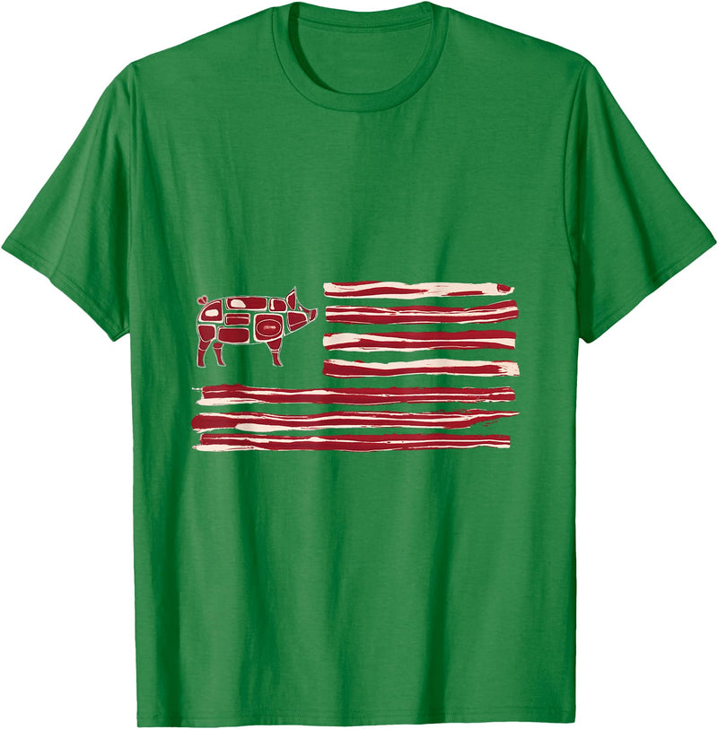Bacon Lovers BBQ Grill Pork Pig Bacon Flag Pig American Patriot Cooking Grill T-Shirt - Kelly Green