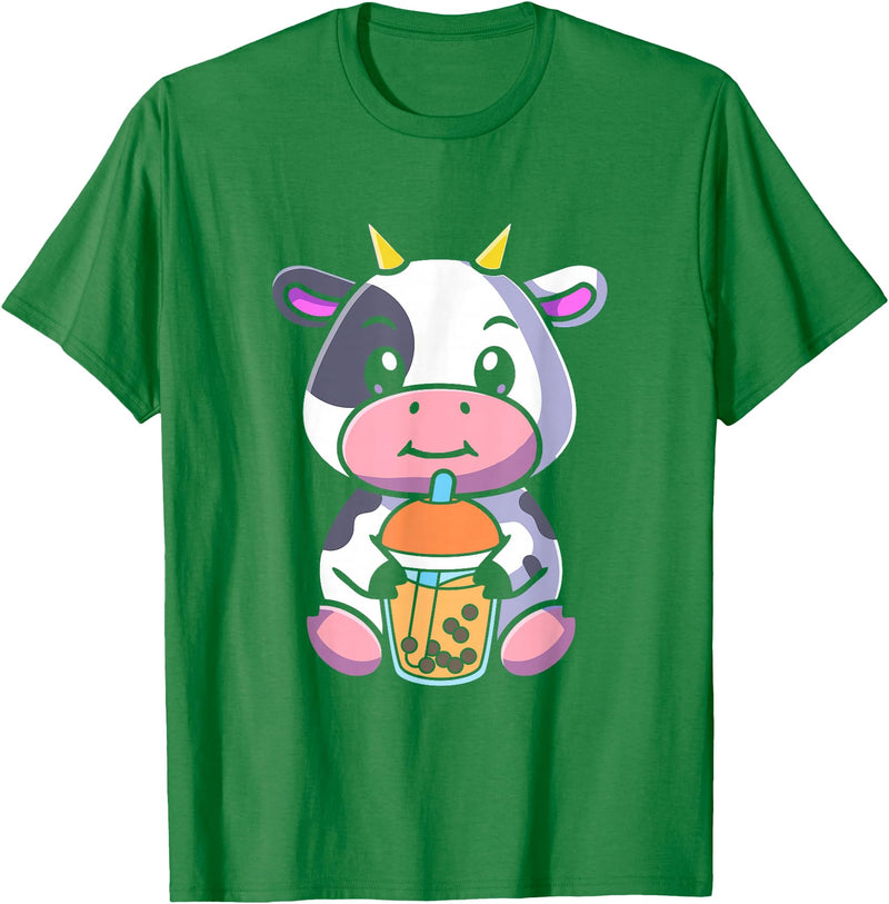 Bubble Milk Tea Cow Boba Tea Apparel Bubble Milk Tea Cow Cute Cow Drinking Boba Milk Tea T-Shirt - Kelly Green