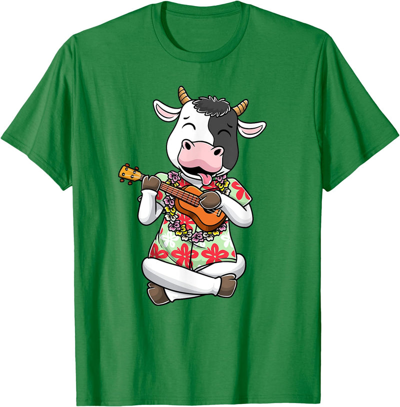 Luvhawaiiantha Cow With Ukulele Hawaiian Hawaii Summer Luau Aloha Farmer Men Women Kids T-Shirt - Kelly Green